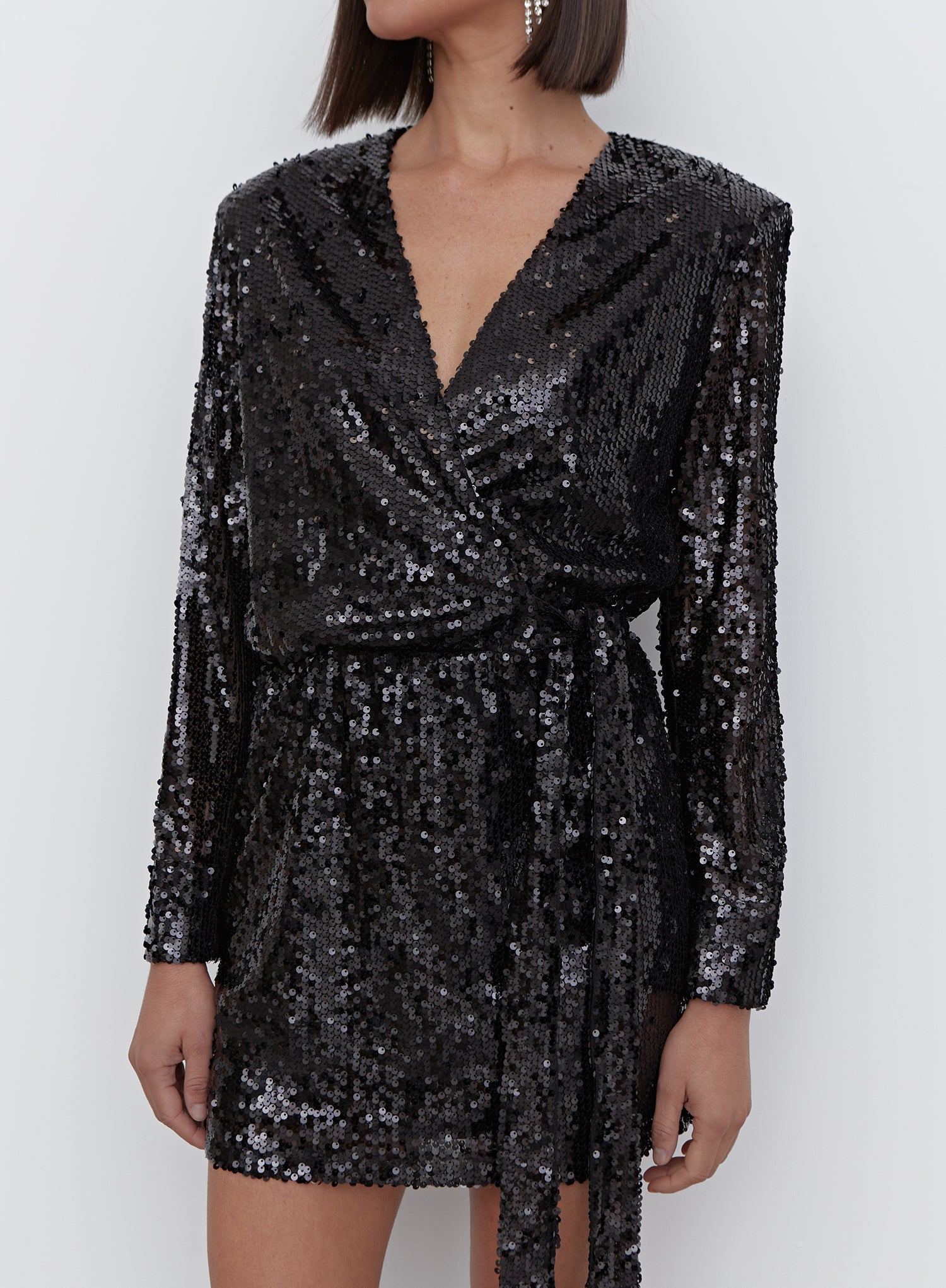 Black Sequin Tie Waist Mini Dress